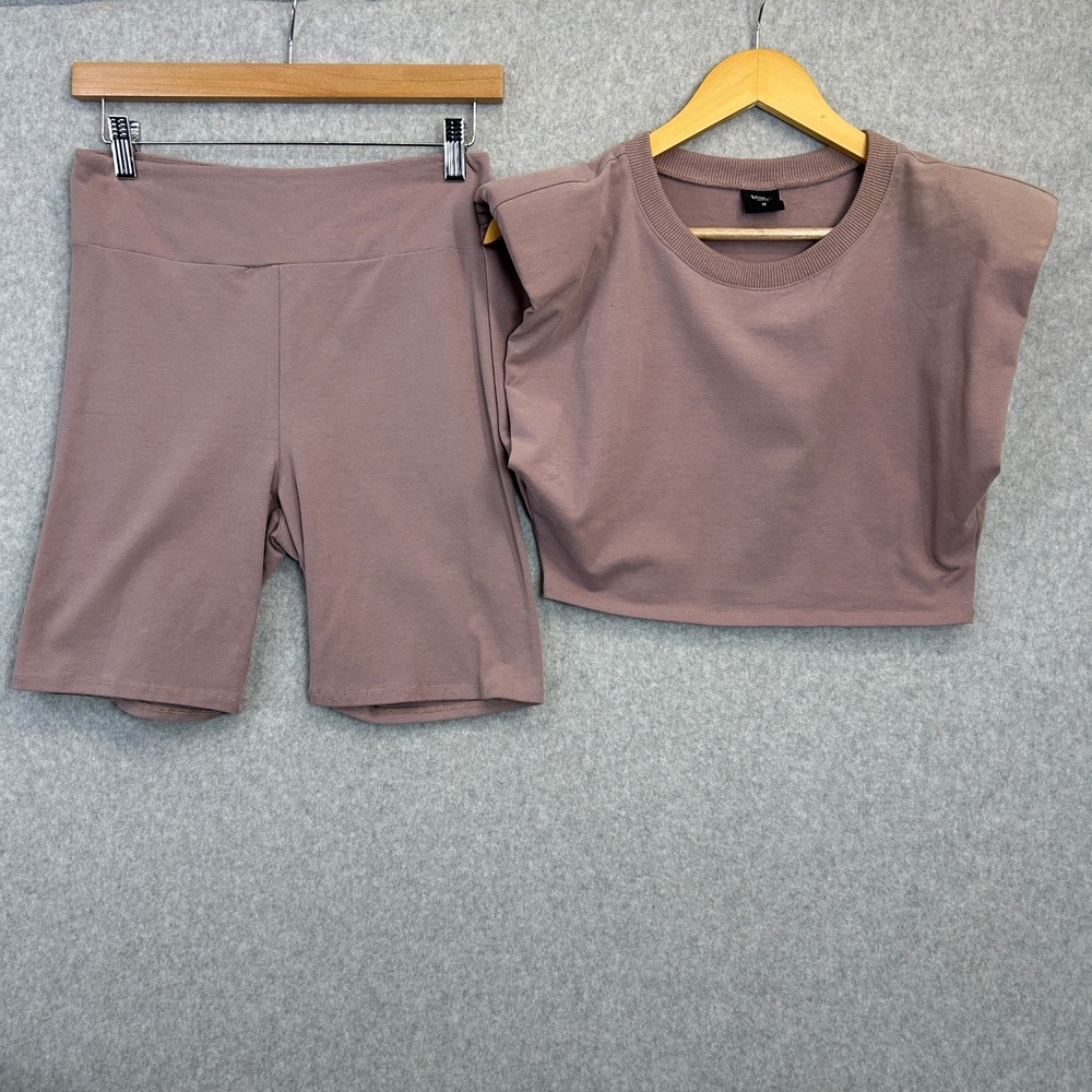 Blanc Clothing 2 Piece Workout Set Lounge Mauve Crop Top Biker Shorts Womens M